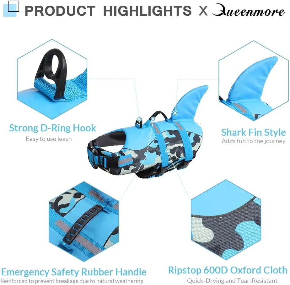 Queenmore Dog Life Jacket Ripstop Dog Shark Safety Vest Adjustable Preserver with High Buoyancy and Durable Rescue Handle for Small,Medium,Large Dogs, Blue Camouflage Medium