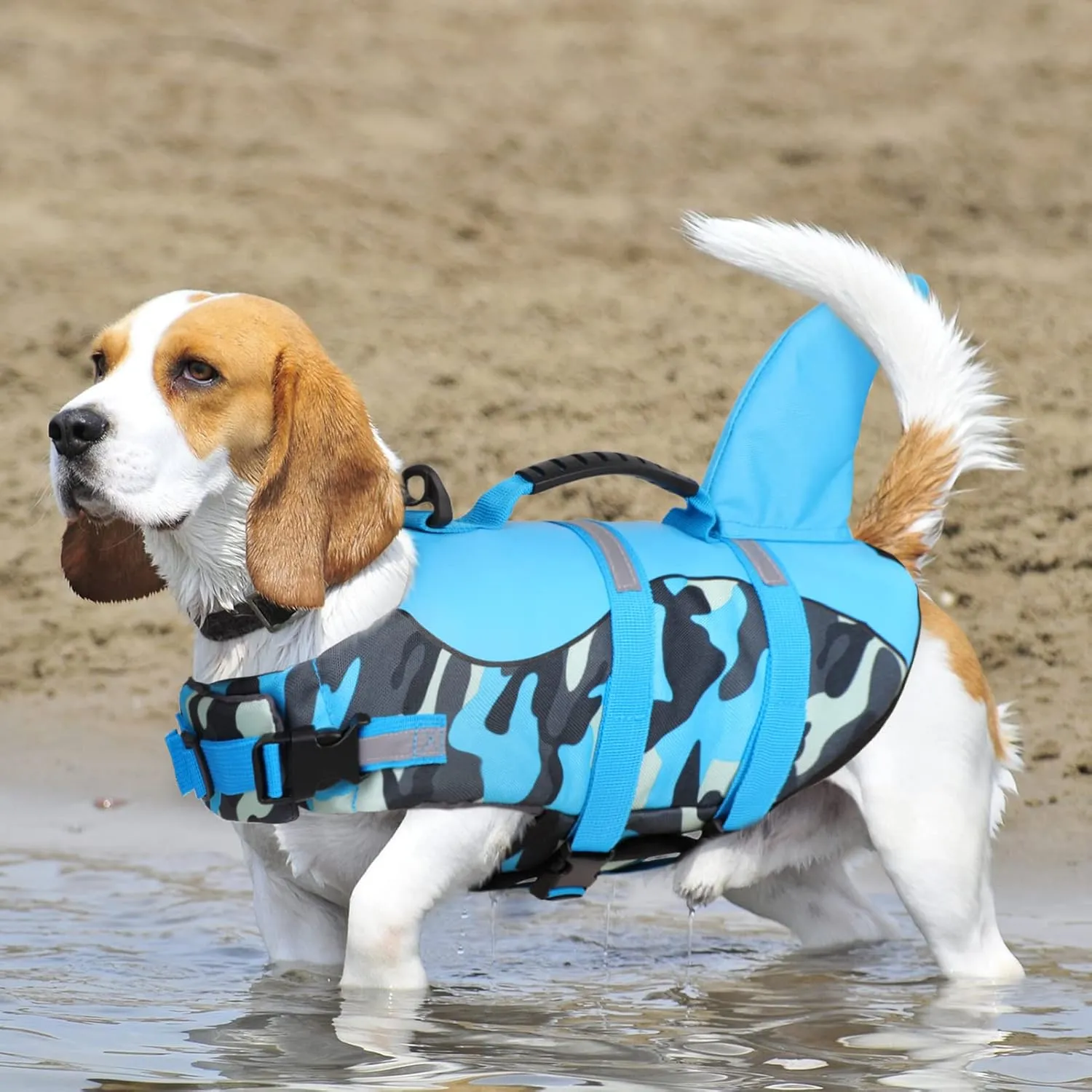 Queenmore Dog Life Jacket Ripstop Dog Shark Safety Vest Adjustable Preserver with High Buoyancy and Durable Rescue Handle for Small,Medium,Large Dogs, Blue Camouflage Medium