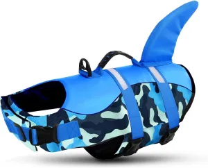 Queenmore Dog Life Jacket Ripstop Dog Shark Safety Vest Adjustable Preserver with High Buoyancy and Durable Rescue Handle for Small,Medium,Large Dogs, Blue Camouflage Medium