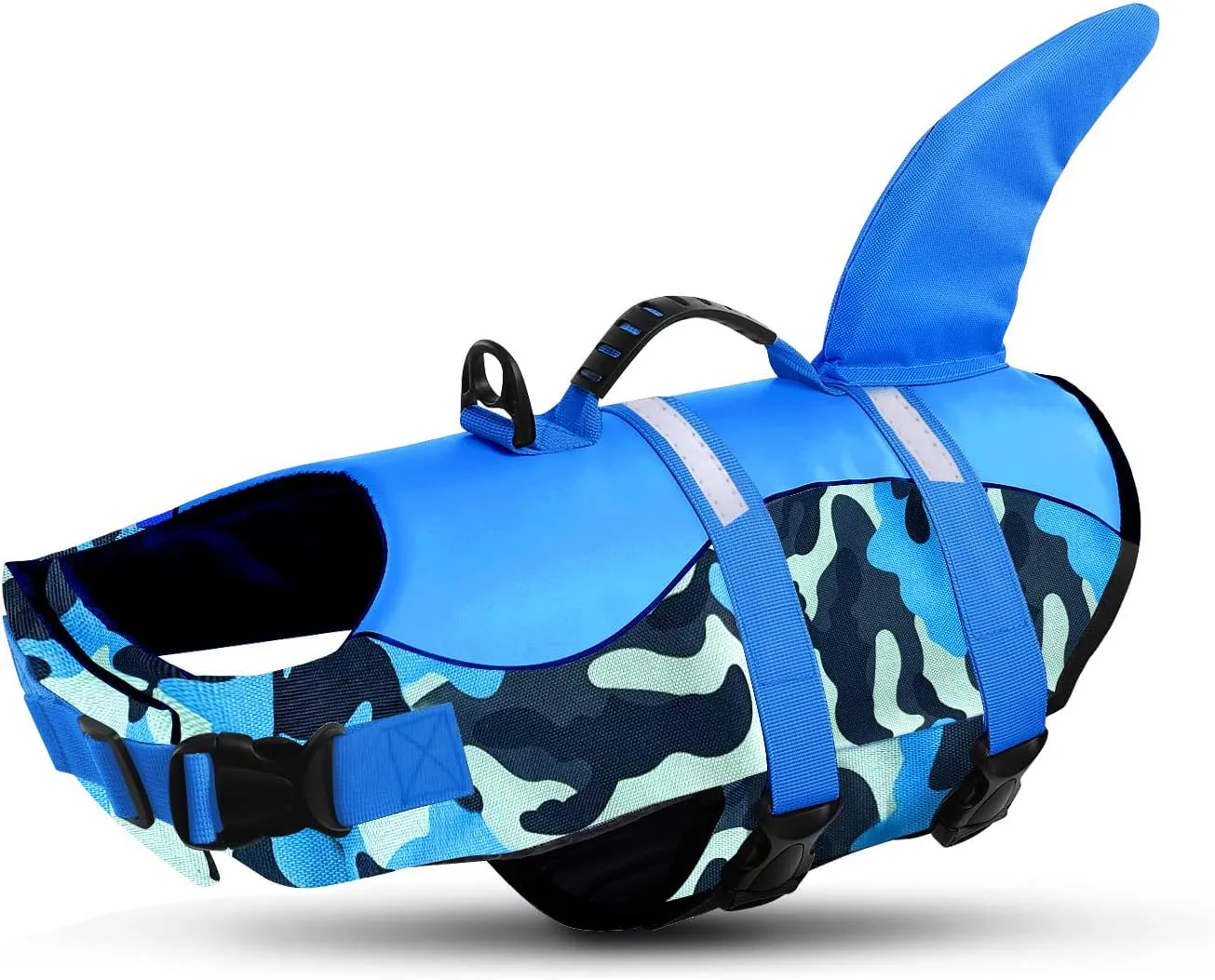 Queenmore Dog Life Jacket Ripstop Dog Shark Safety Vest Adjustable Preserver with High Buoyancy and Durable Rescue Handle for Small,Medium,Large Dogs, Blue Camouflage Medium