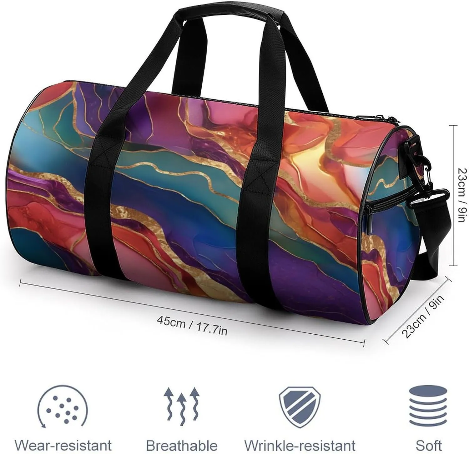 Red Agate Pattern with Thin Golden Lines Travel Gym Bag for Women Men Cylindrical Duffle Bag Sport Workout Bag with Shoulder Strap