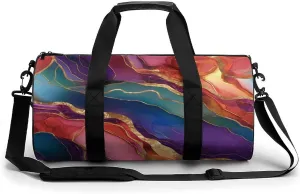Red Agate Pattern with Thin Golden Lines Travel Gym Bag for Women Men Cylindrical Duffle Bag Sport Workout Bag with Shoulder Strap
