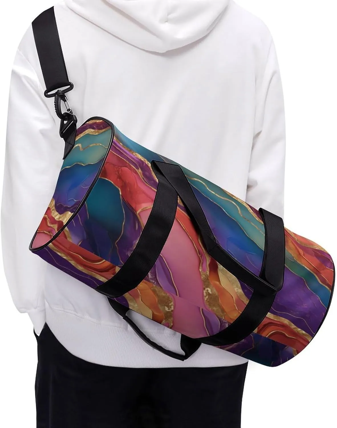 Red Agate Pattern with Thin Golden Lines Travel Gym Bag for Women Men Cylindrical Duffle Bag Sport Workout Bag with Shoulder Strap