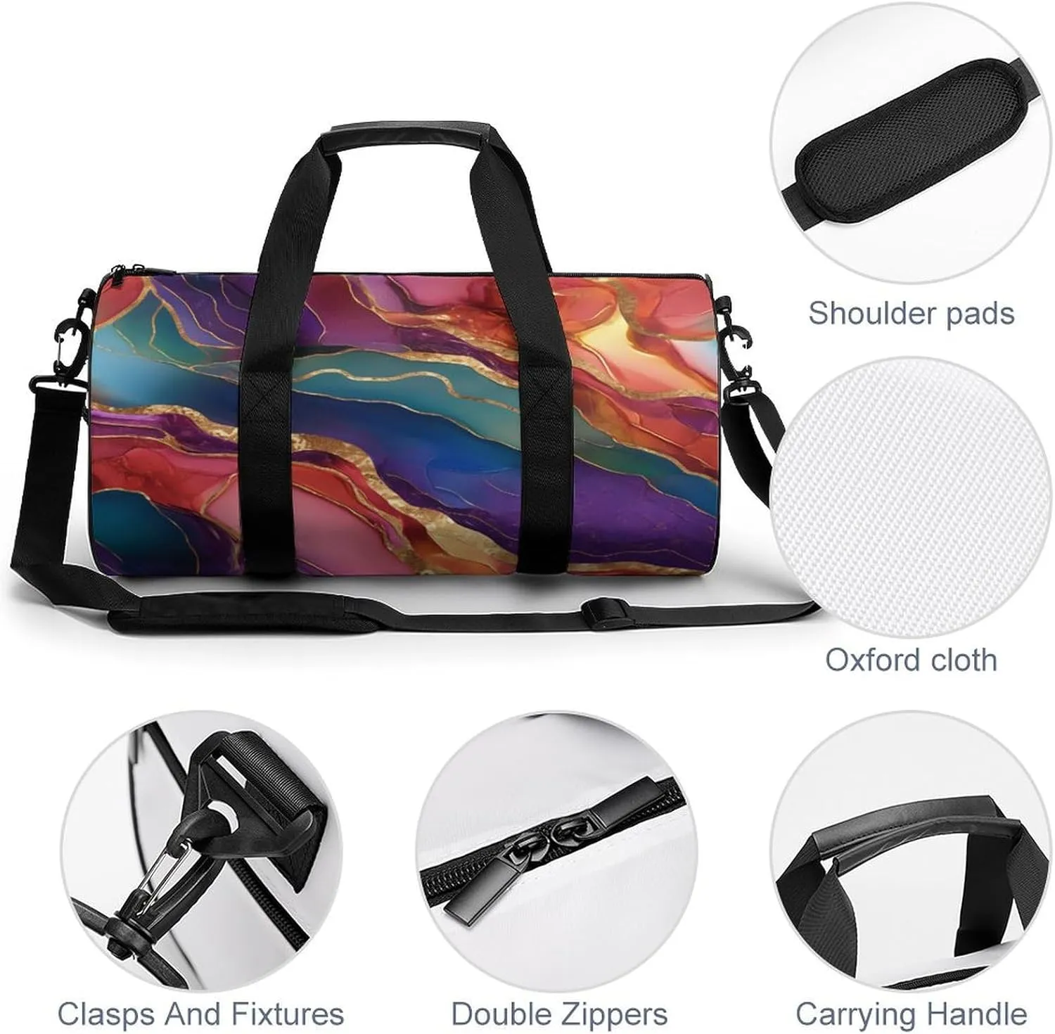 Red Agate Pattern with Thin Golden Lines Travel Gym Bag for Women Men Cylindrical Duffle Bag Sport Workout Bag with Shoulder Strap