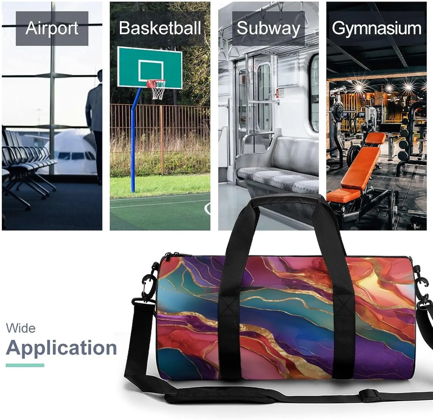 Red Agate Pattern with Thin Golden Lines Travel Gym Bag for Women Men Cylindrical Duffle Bag Sport Workout Bag with Shoulder Strap