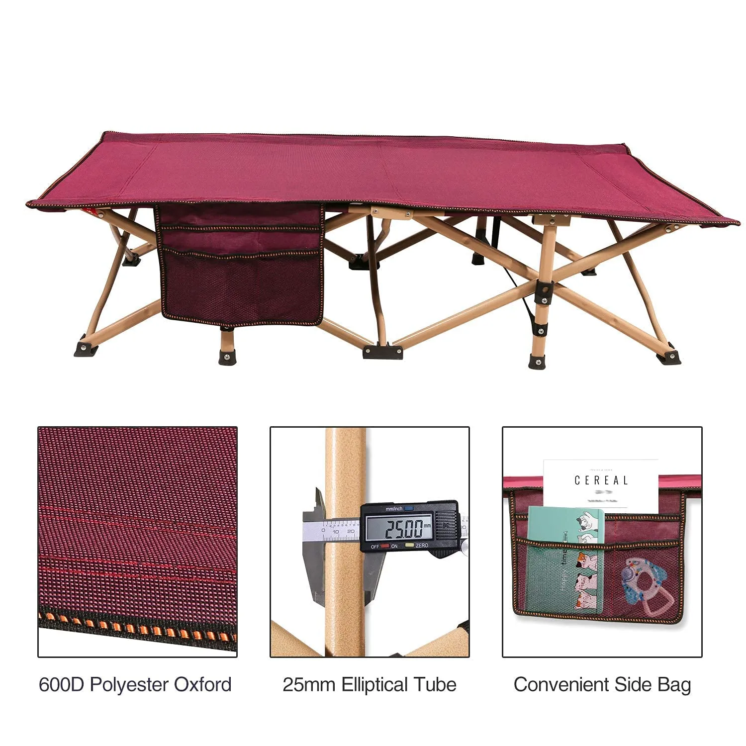 REDCAMP Extra Long Kids Cot for Sleeping 2-7 Years, Portable Travel Toddler Cot Bed with Carry Bag, Lightweight for Outdoor Indoor Home, New Wine Red 53''x26'', 2 Pack