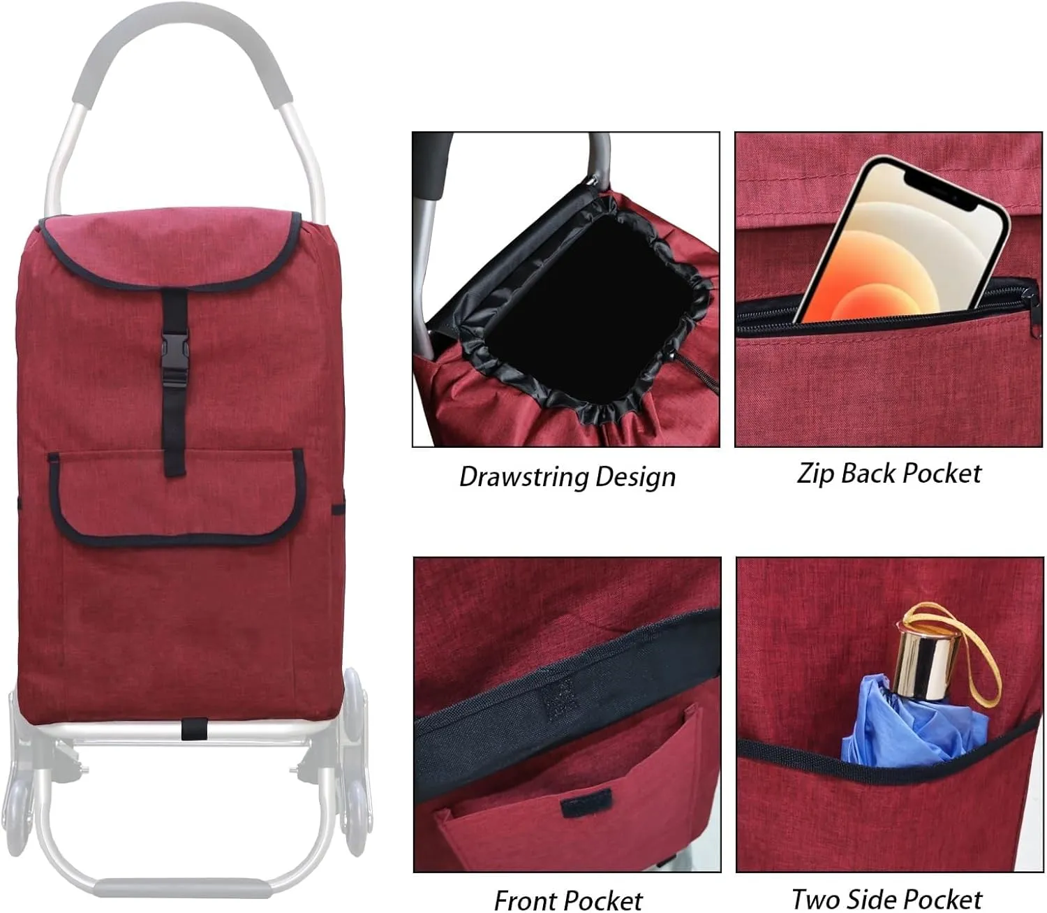 Replacement Bag for Grocery Cart/Shopping Cart - 44L Trolley Replacement Bag, Oxford Cloth Waterproof Storage Bag, Shopping Trolley Replacement Bag with Side Pockets, for Aluminium Alloy Frame, for U