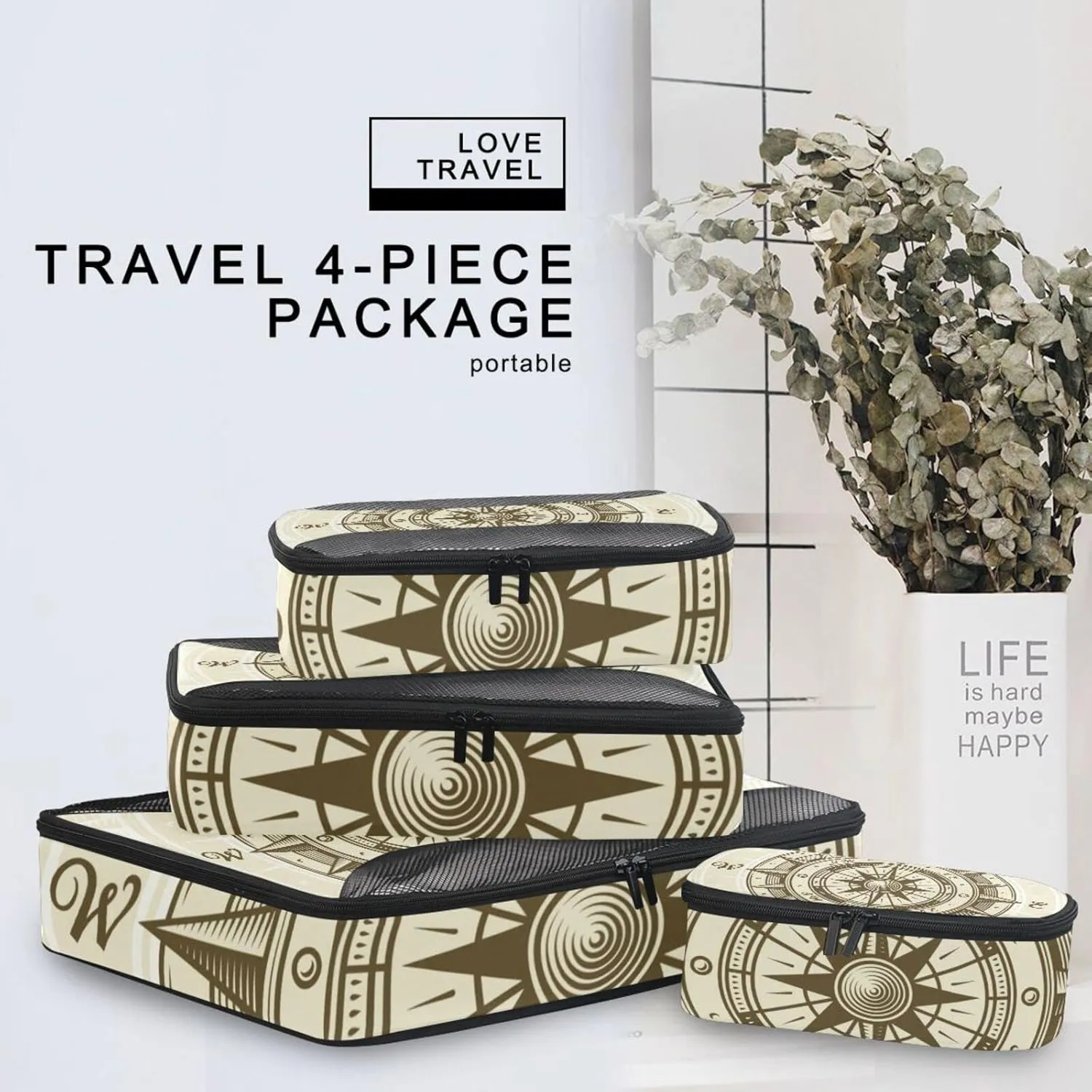 Retro compass in Woodcut Style with Clipping Mask 4 PCs Set Packing Bags, Luggage Organizer Bag, Portable Cube Toiletry bag, Durable Travel Cosmetic Storage Bag for Men Women