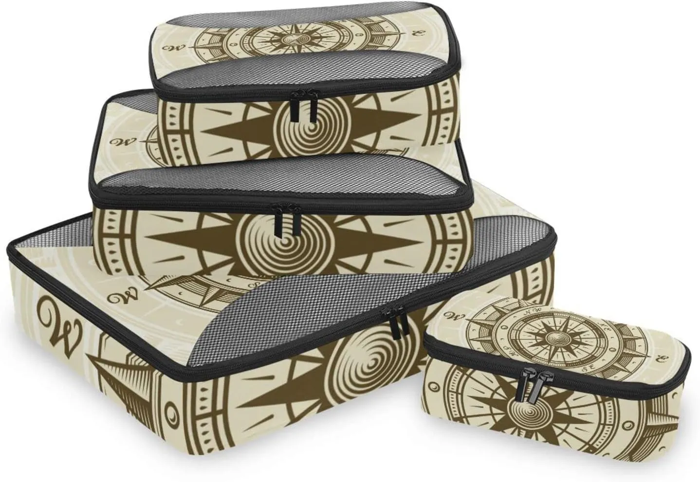 Retro compass in Woodcut Style with Clipping Mask 4 PCs Set Packing Bags, Luggage Organizer Bag, Portable Cube Toiletry bag, Durable Travel Cosmetic Storage Bag for Men Women
