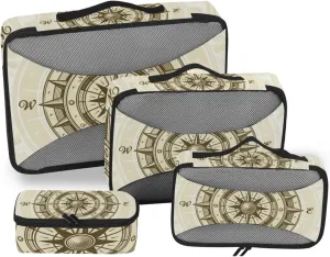 Retro compass in Woodcut Style with Clipping Mask 4 PCs Set Packing Bags, Luggage Organizer Bag, Portable Cube Toiletry bag, Durable Travel Cosmetic Storage Bag for Men Women