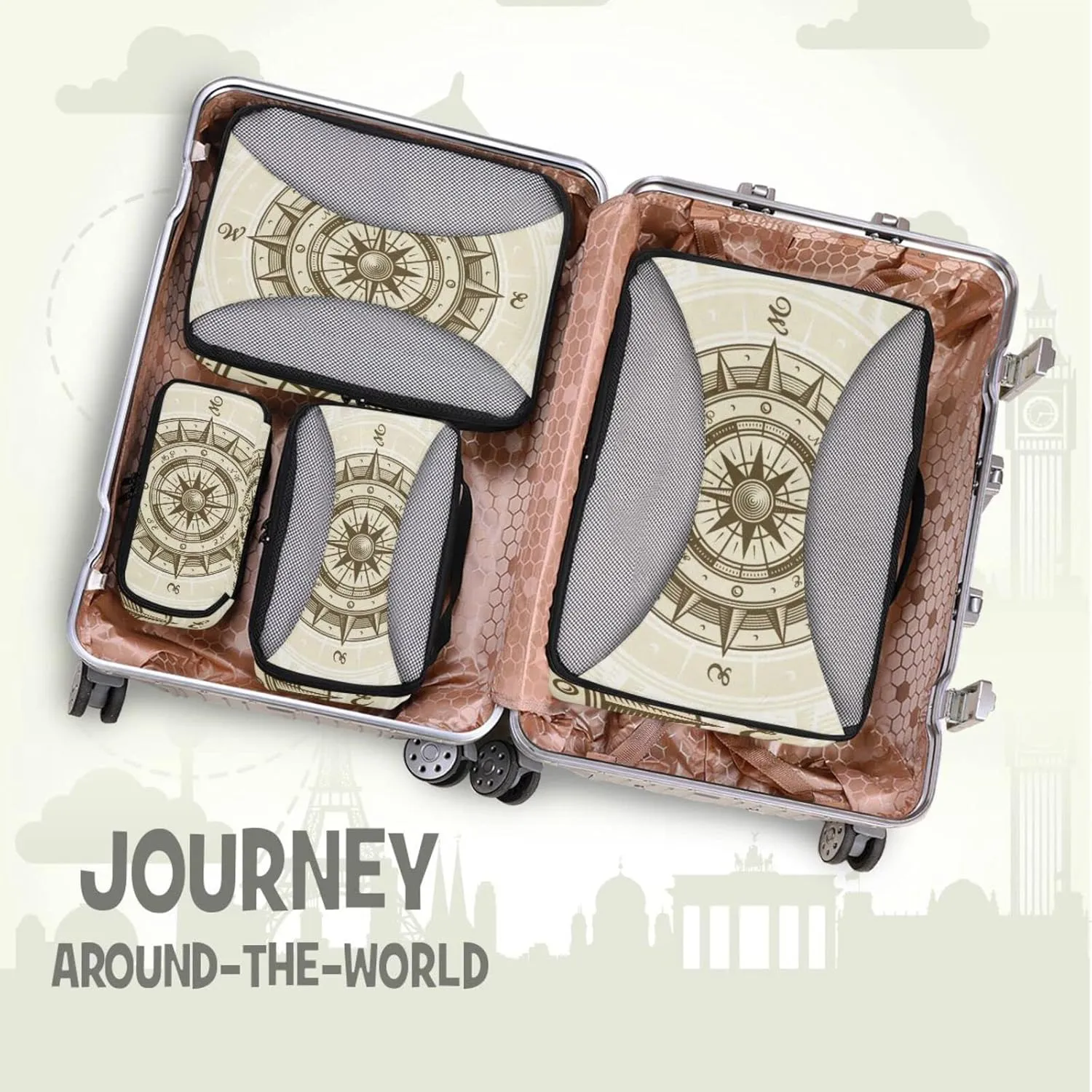 Retro compass in Woodcut Style with Clipping Mask 4 PCs Set Packing Bags, Luggage Organizer Bag, Portable Cube Toiletry bag, Durable Travel Cosmetic Storage Bag for Men Women