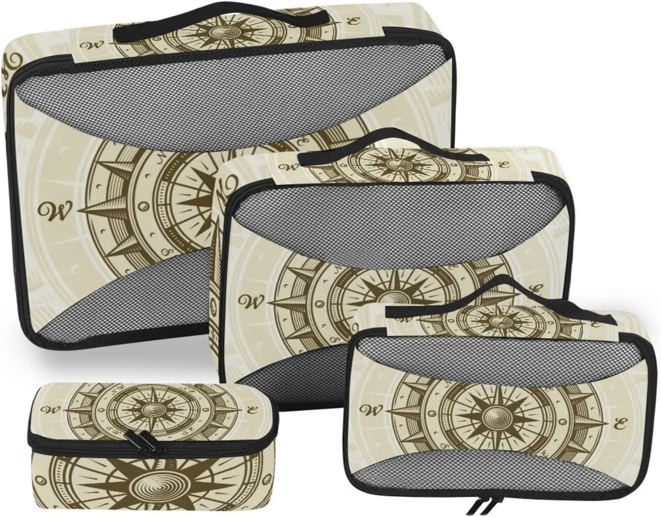Retro compass in Woodcut Style with Clipping Mask 4 PCs Set Packing Bags, Luggage Organizer Bag, Portable Cube Toiletry bag, Durable Travel Cosmetic Storage Bag for Men Women