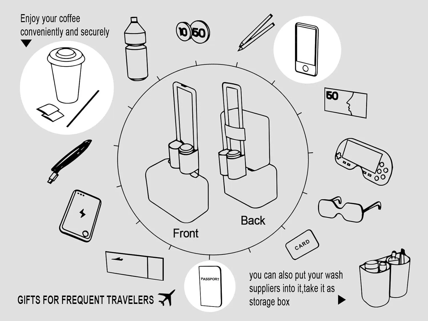 riemot Luggage Travel Cup Holder Free Hand Drink Carrier - Hold Two Coffee Mugs - Fits Roll on Suitcase Handles - Gifts for Flight Attendants Travelers Accessories Carbon Black