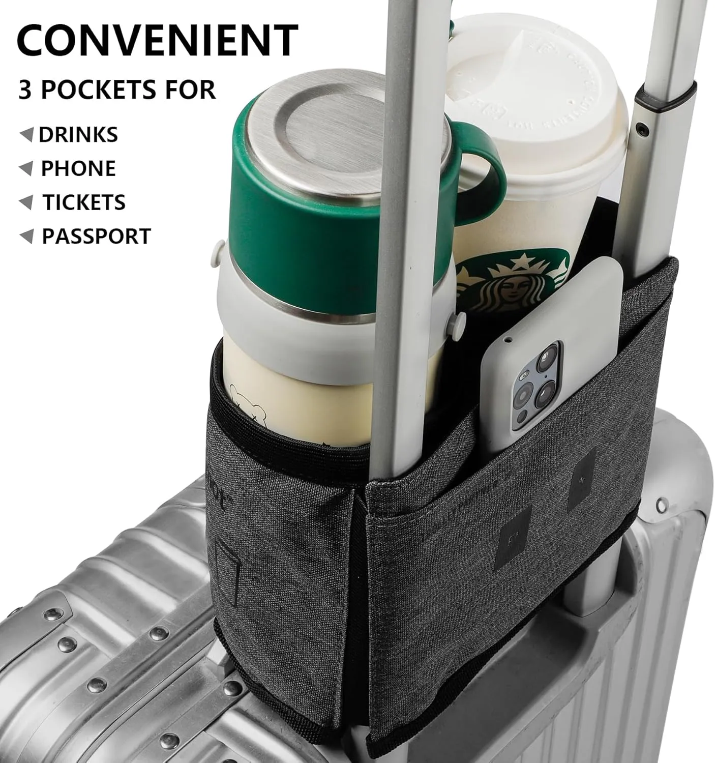 riemot Luggage Travel Cup Holder Free Hand Drink Carrier - Hold Two Coffee Mugs - Fits Roll on Suitcase Handles - Gifts for Flight Attendants Travelers Accessories Carbon Black