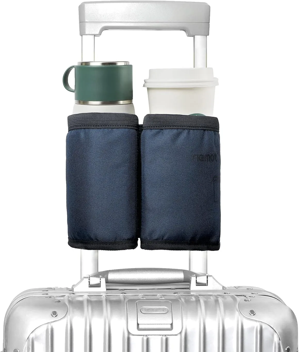 riemot Luggage Travel Cup Holder Free Hand Drink Carrier - Hold Two Coffee Mugs - Fits Roll on Suitcase Handles - Gifts for Flight Attendants Travelers Accessories Navy Blue