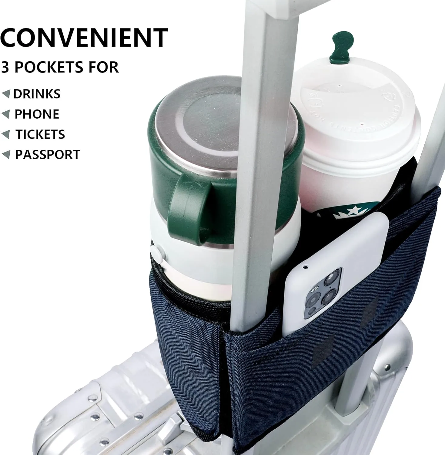 riemot Luggage Travel Cup Holder Free Hand Drink Carrier - Hold Two Coffee Mugs - Fits Roll on Suitcase Handles - Gifts for Flight Attendants Travelers Accessories Navy Blue