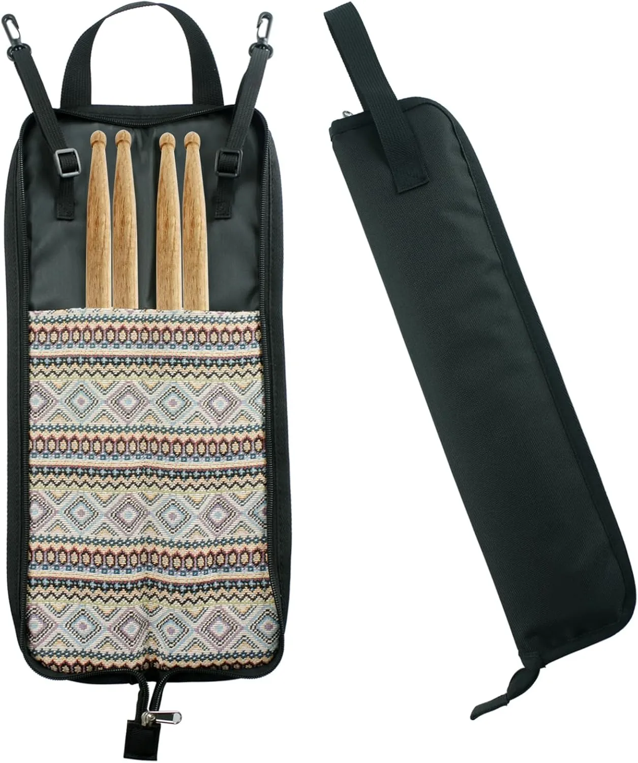 Rockhouse 2 Pair 5A Oak Drum Stick Bag Holder Case with 2 Hanging Straps, Portable Drumstick Organizer for Drummers, Beginners, Band Practice, Gig Storage