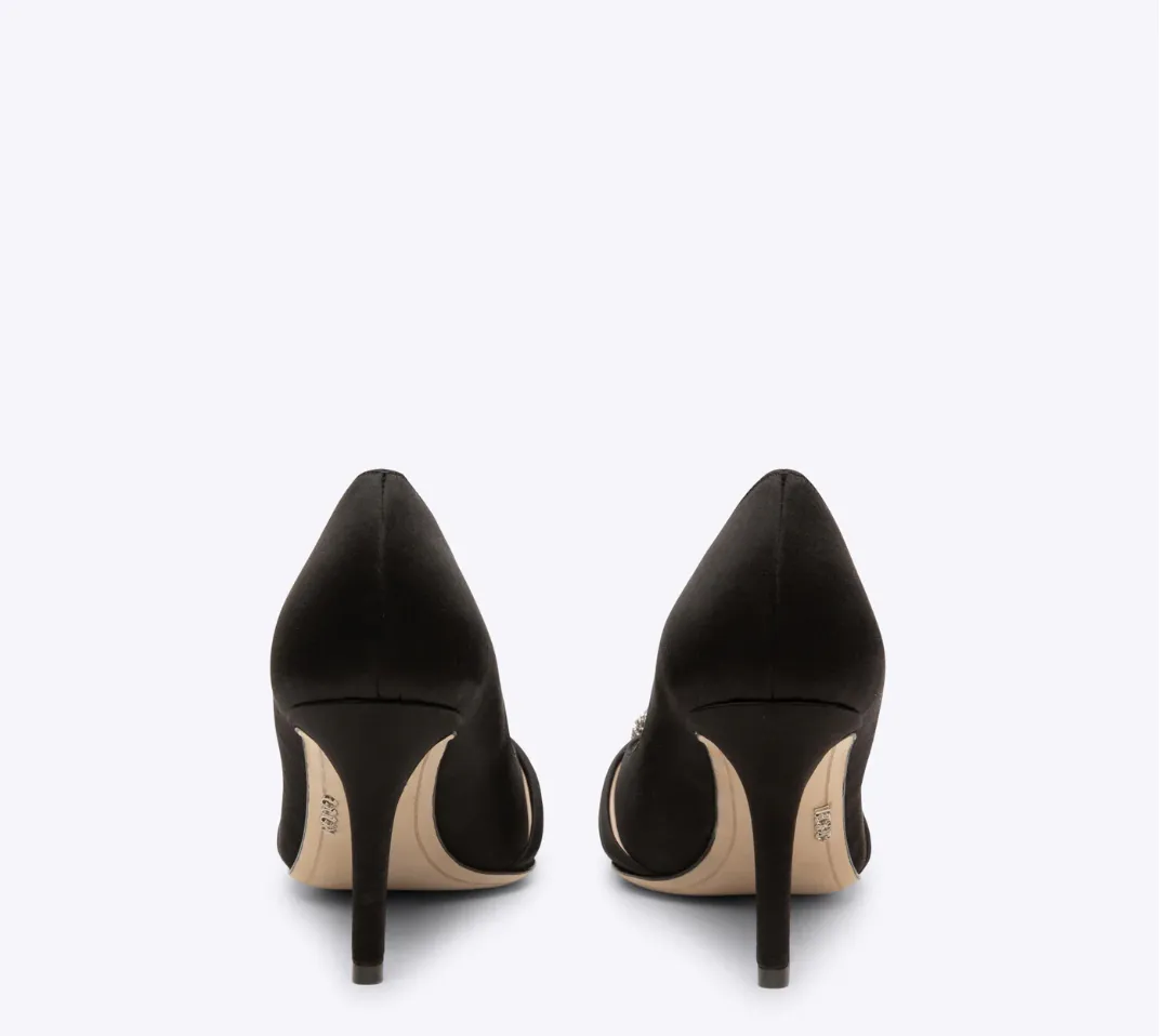 Rodo Black Satin Pumps with Jeweled Buckle