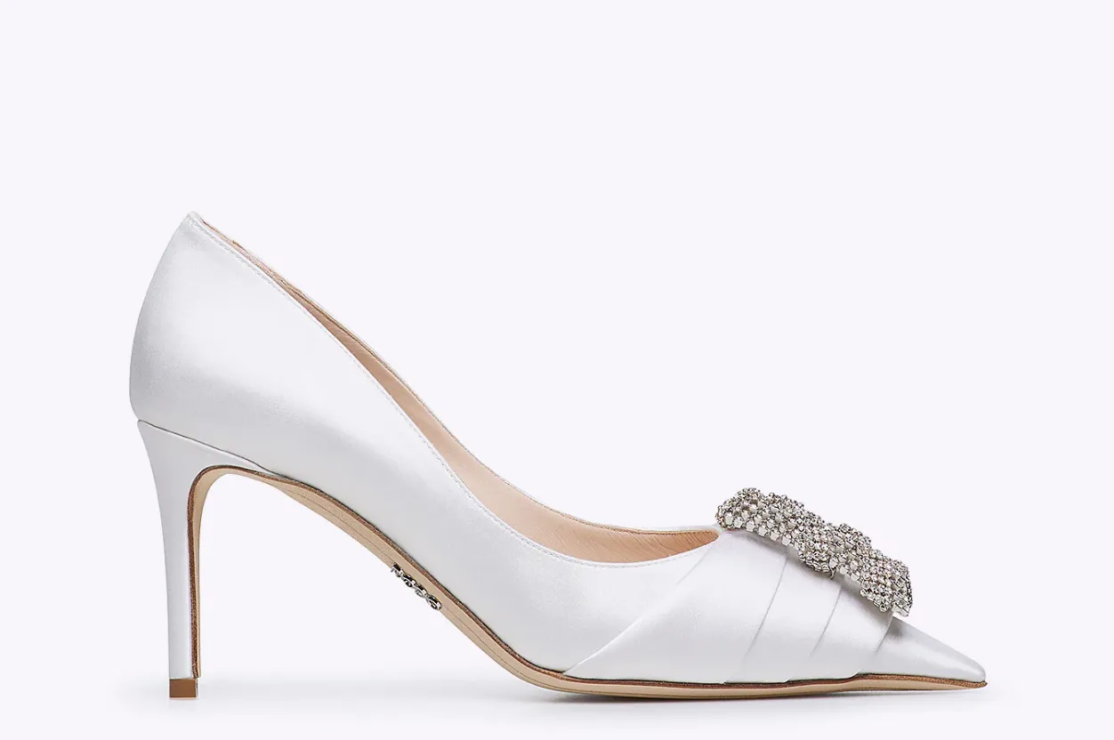 Rodo White Satin Pumps with Jeweled Buckle