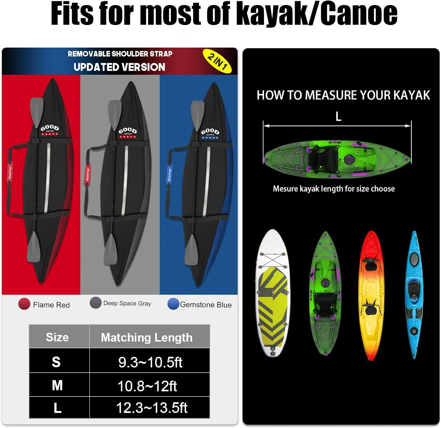 Rosefray 9.3-15 FT Kayak Cover, High-performance Marine kayak covers, Comfortable ShoulderStrap, Waterproof UV Resistant, Fade-Resistant Dustproof Fishing Boat Cover for Outdoor Storage