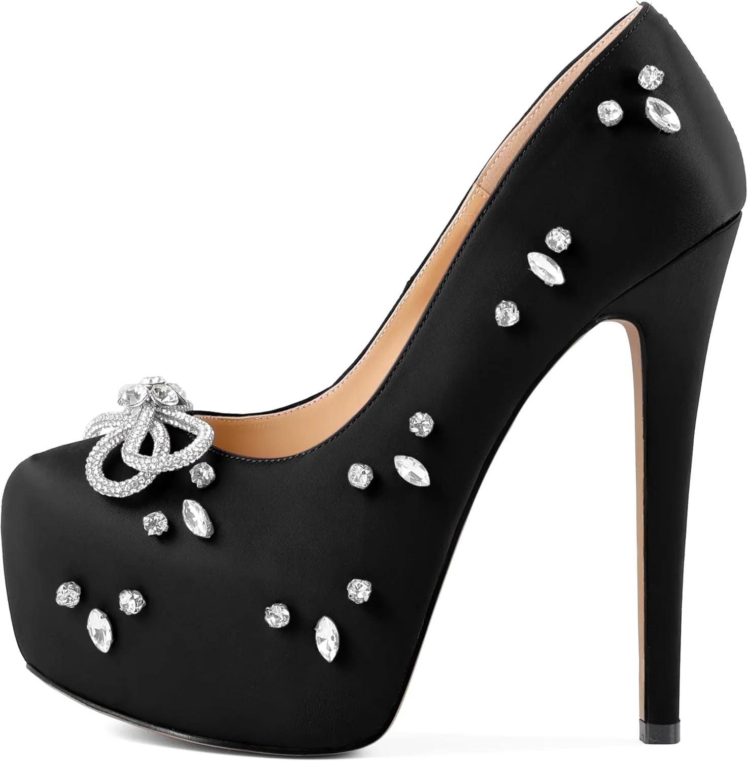 SAMMITOP Women's High Heel Platform Pumps Sparkly Rhinestone Bow Round Closed Toe Stilettos Satin Wedding Bridal Party Dress Pump Shoes 6 Inch