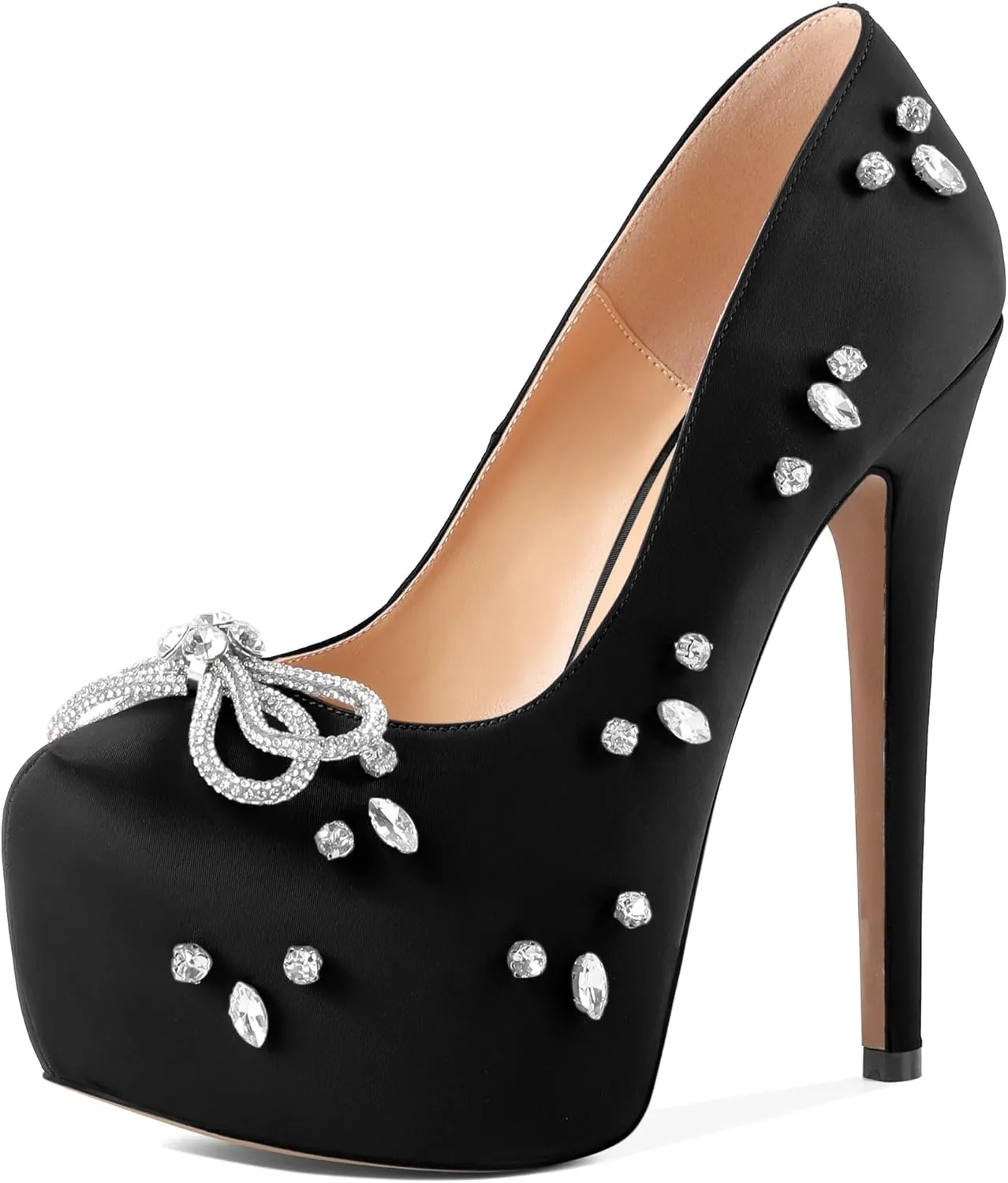 SAMMITOP Women's High Heel Platform Pumps Sparkly Rhinestone Bow Round Closed Toe Stilettos Satin Wedding Bridal Party Dress Pump Shoes 6 Inch