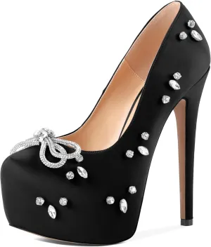 SAMMITOP Women's High Heel Platform Pumps Sparkly Rhinestone Bow Round Closed Toe Stilettos Satin Wedding Bridal Party Dress Pump Shoes 6 Inch