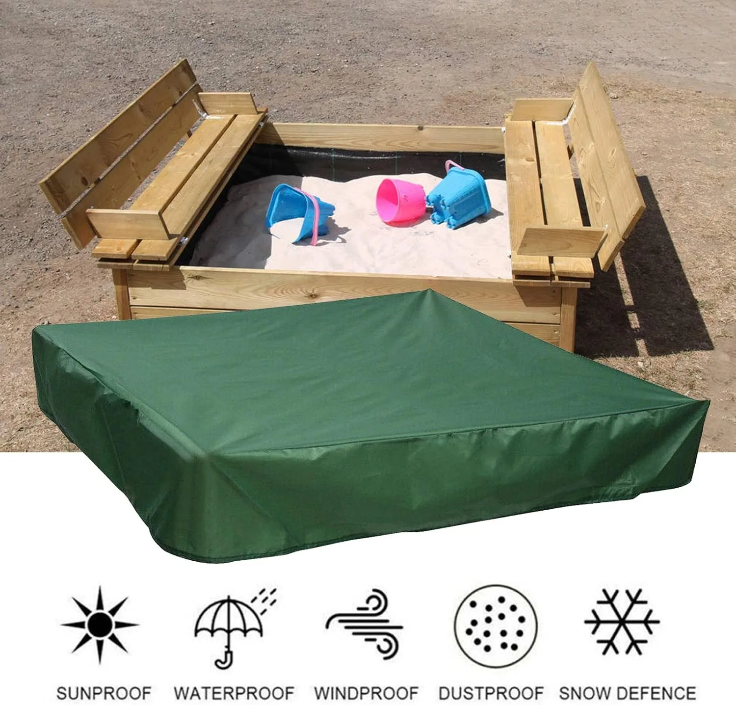 Sandbox Cover Square with Drawstring, Oxford Cloth Sandbox Canopy Waterproof Sandpit Pool Cover Anti UV Sandbox Protection Cover for Sandpit Toys Swimming Pool and Furniture (Green, 59 x 59inch)