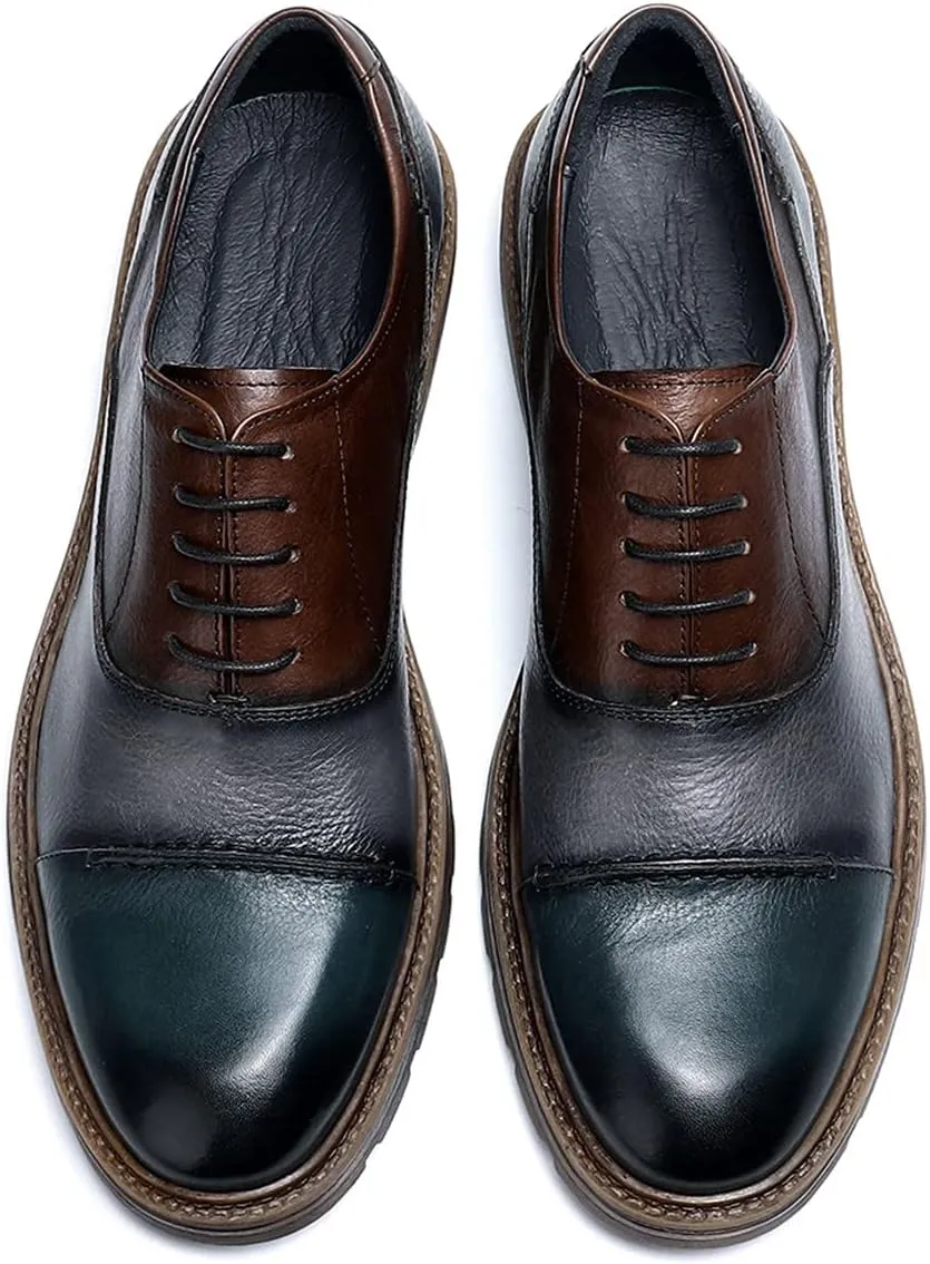 Santimon Mens Dress Shoes Leather Cap Toe Formal Mens Oxfords Retro Derby Oxford Blue Brown