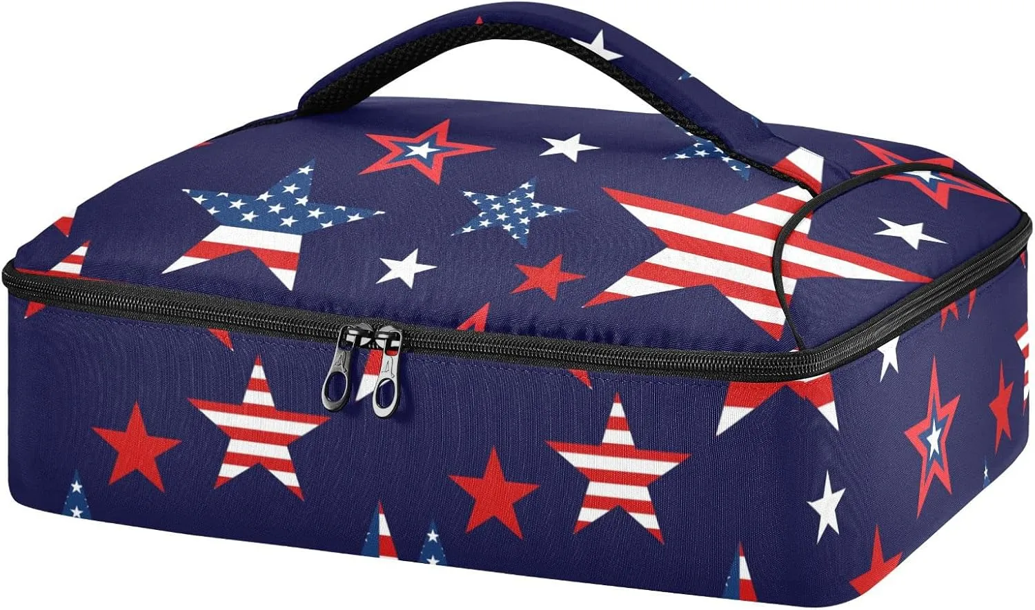 Seamless American Stars USA Flag Symbols on Deep Blue Insulated Casserole Dish Carrier Bag 9x13 with Lid, Warmer Portable Tote for Hot or Cold Food Picnic Party Potluck Beach