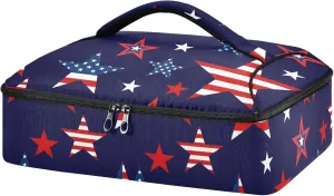 Seamless American Stars USA Flag Symbols on Deep Blue Insulated Casserole Dish Carrier Bag 9x13 with Lid, Warmer Portable Tote for Hot or Cold Food Picnic Party Potluck Beach