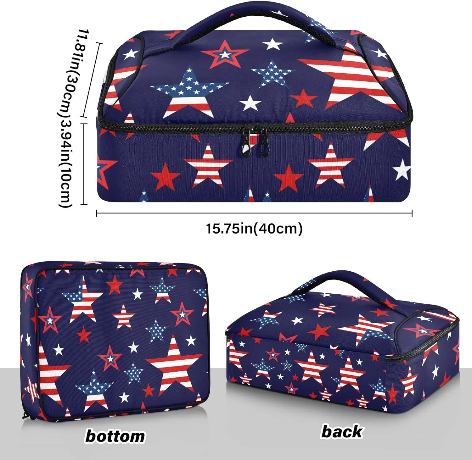 Seamless American Stars USA Flag Symbols on Deep Blue Insulated Casserole Dish Carrier Bag 9x13 with Lid, Warmer Portable Tote for Hot or Cold Food Picnic Party Potluck Beach