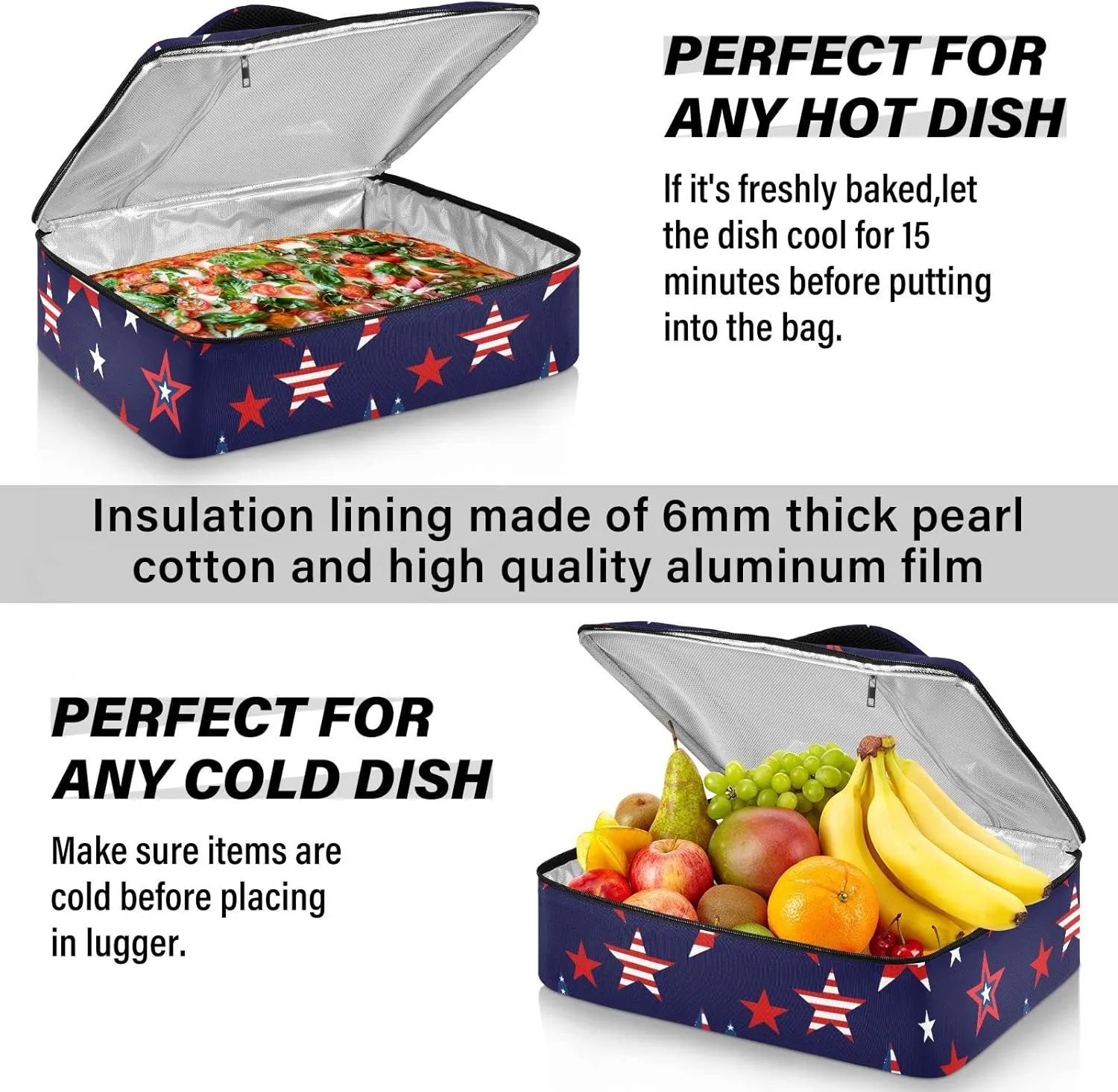 Seamless American Stars USA Flag Symbols on Deep Blue Insulated Casserole Dish Carrier Bag 9x13 with Lid, Warmer Portable Tote for Hot or Cold Food Picnic Party Potluck Beach