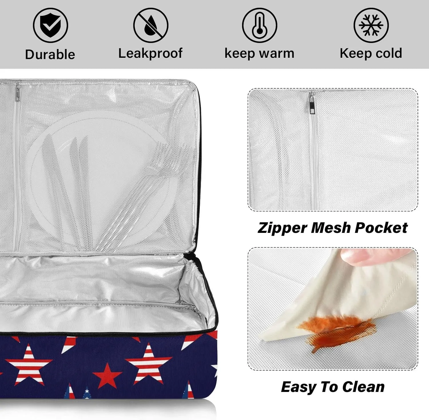 Seamless American Stars USA Flag Symbols on Deep Blue Insulated Casserole Dish Carrier Bag 9x13 with Lid, Warmer Portable Tote for Hot or Cold Food Picnic Party Potluck Beach