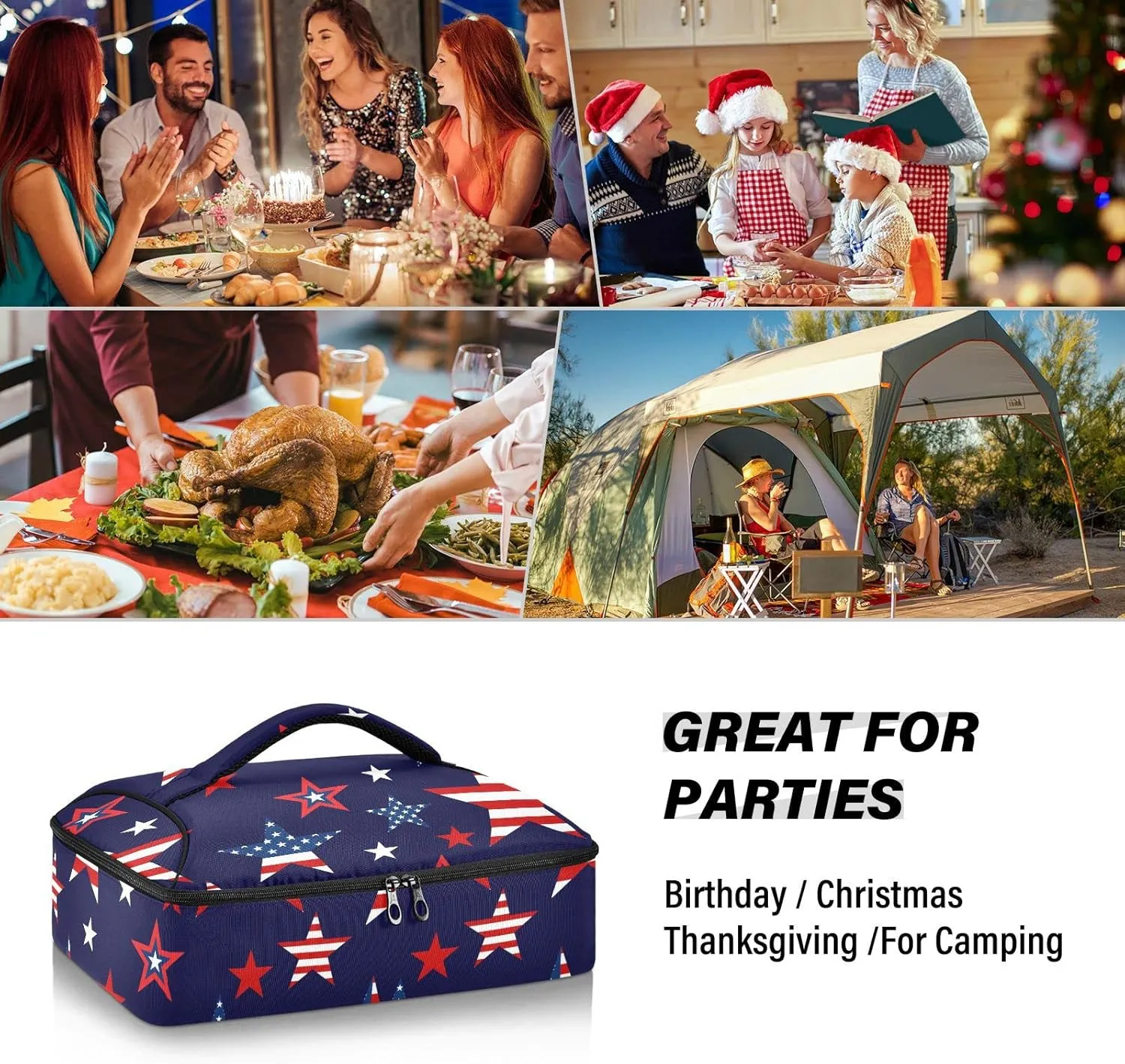 Seamless American Stars USA Flag Symbols on Deep Blue Insulated Casserole Dish Carrier Bag 9x13 with Lid, Warmer Portable Tote for Hot or Cold Food Picnic Party Potluck Beach