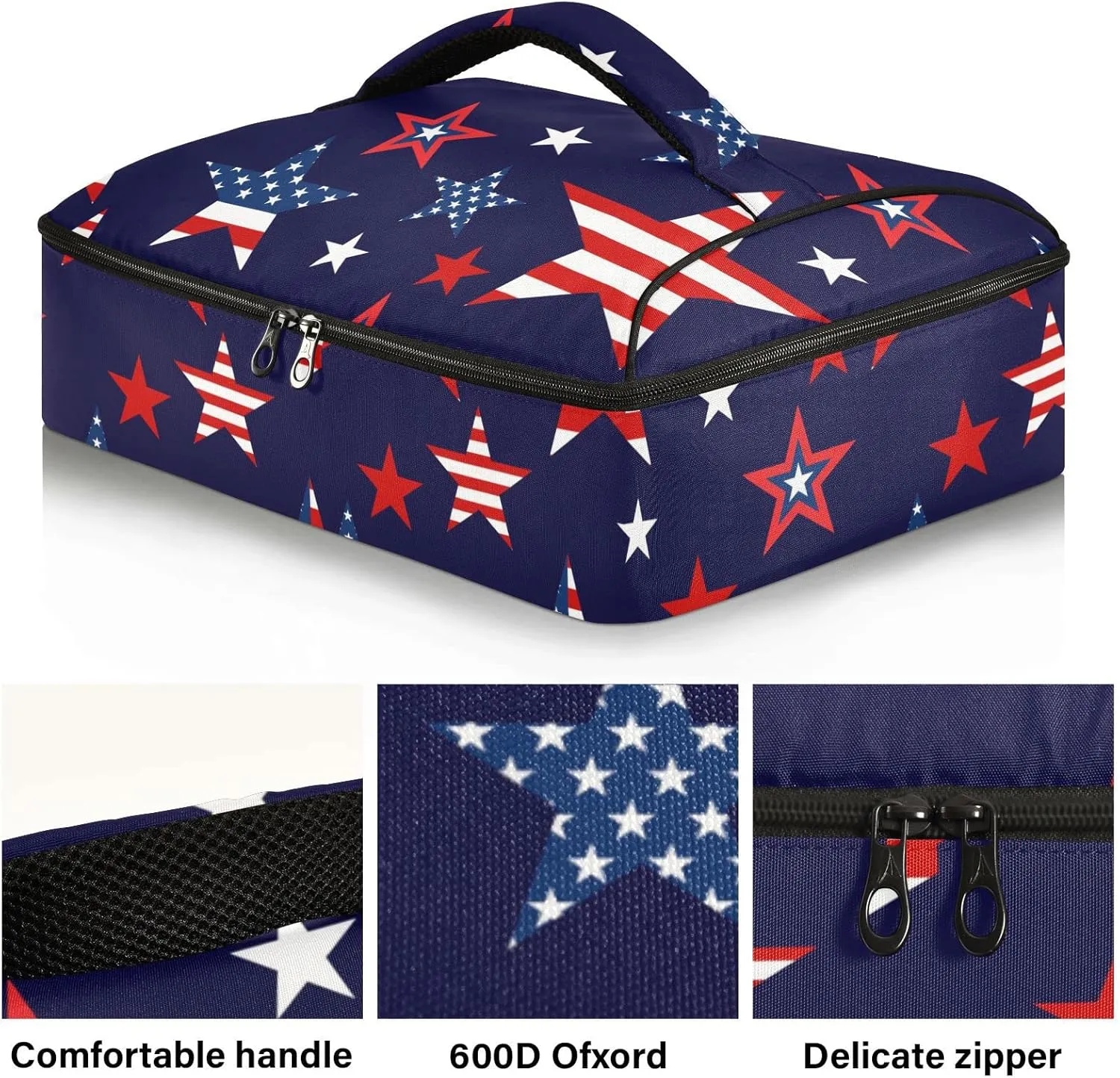 Seamless American Stars USA Flag Symbols on Deep Blue Insulated Casserole Dish Carrier Bag 9x13 with Lid, Warmer Portable Tote for Hot or Cold Food Picnic Party Potluck Beach