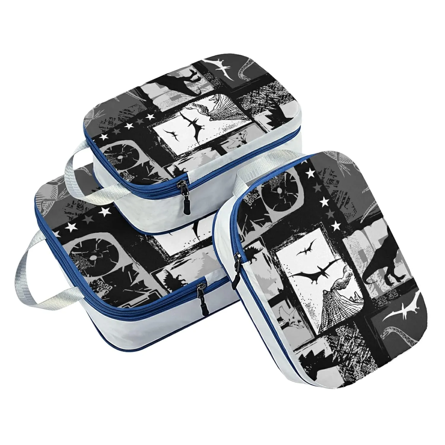 Seamless Dinosaurs White Black Patchwork 3 Piece set Cubes Expandable Adjustable Luggage Packing Bags, Ultralight Organizer Accessories Travel Suitcase Compressible Bags