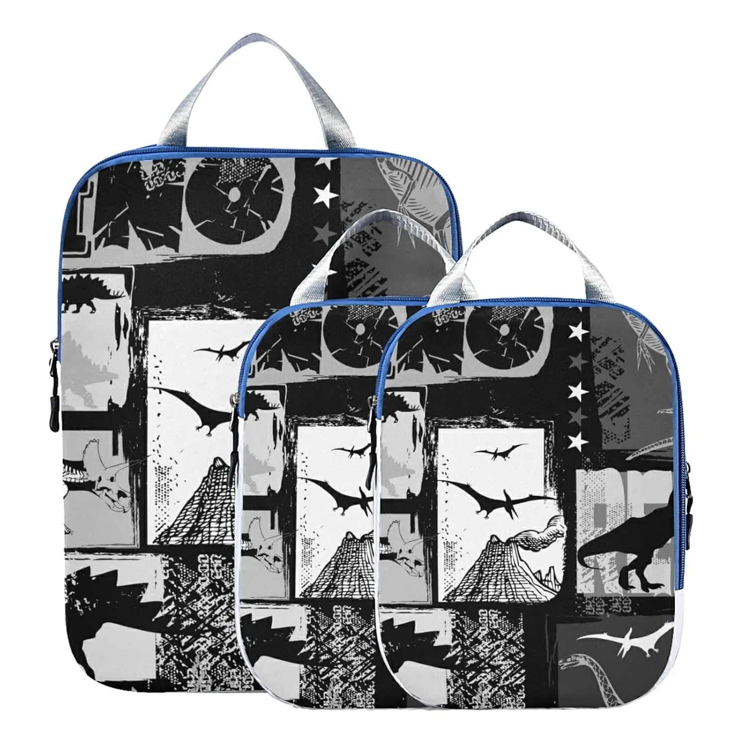 Seamless Dinosaurs White Black Patchwork 3 Piece set Cubes Expandable Adjustable Luggage Packing Bags, Ultralight Organizer Accessories Travel Suitcase Compressible Bags
