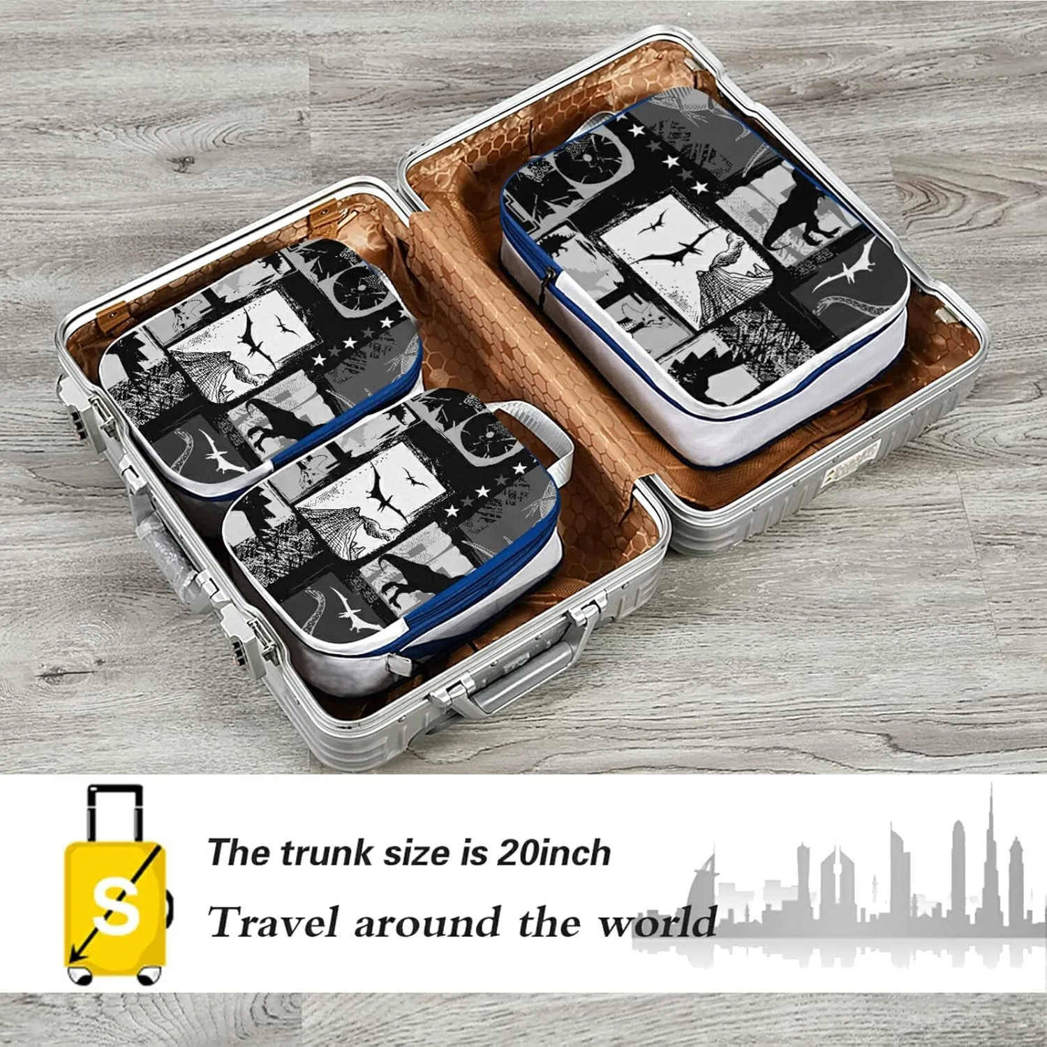 Seamless Dinosaurs White Black Patchwork 3 Piece set Cubes Expandable Adjustable Luggage Packing Bags, Ultralight Organizer Accessories Travel Suitcase Compressible Bags