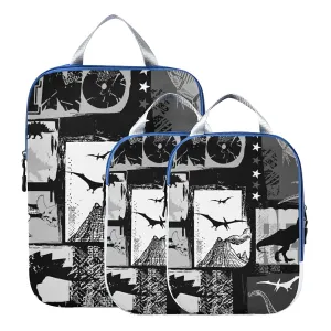 Seamless Dinosaurs White Black Patchwork 3 Piece set Cubes Expandable Adjustable Luggage Packing Bags, Ultralight Organizer Accessories Travel Suitcase Compressible Bags