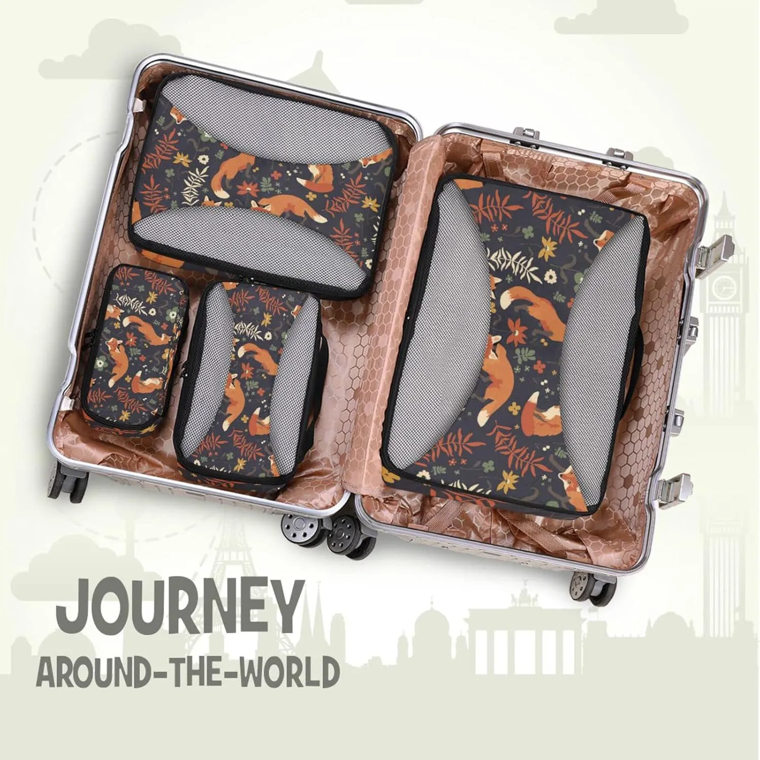Seamless Orange Foxes Walk in Grass and Floral Flowers on Dark 4 PCs Set Packing Bags, Luggage Organizer Bag, Portable Cube Toiletry bag, Durable Travel Cosmetic Storage Bag for Men Women