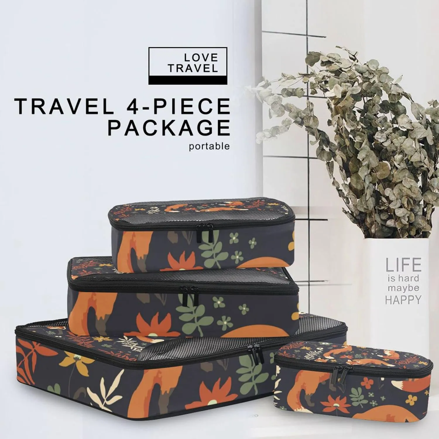 Seamless Orange Foxes Walk in Grass and Floral Flowers on Dark 4 PCs Set Packing Bags, Luggage Organizer Bag, Portable Cube Toiletry bag, Durable Travel Cosmetic Storage Bag for Men Women