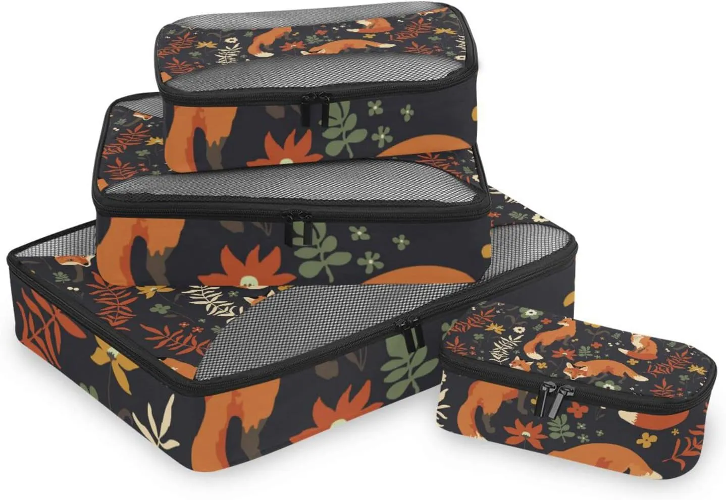 Seamless Orange Foxes Walk in Grass and Floral Flowers on Dark 4 PCs Set Packing Bags, Luggage Organizer Bag, Portable Cube Toiletry bag, Durable Travel Cosmetic Storage Bag for Men Women