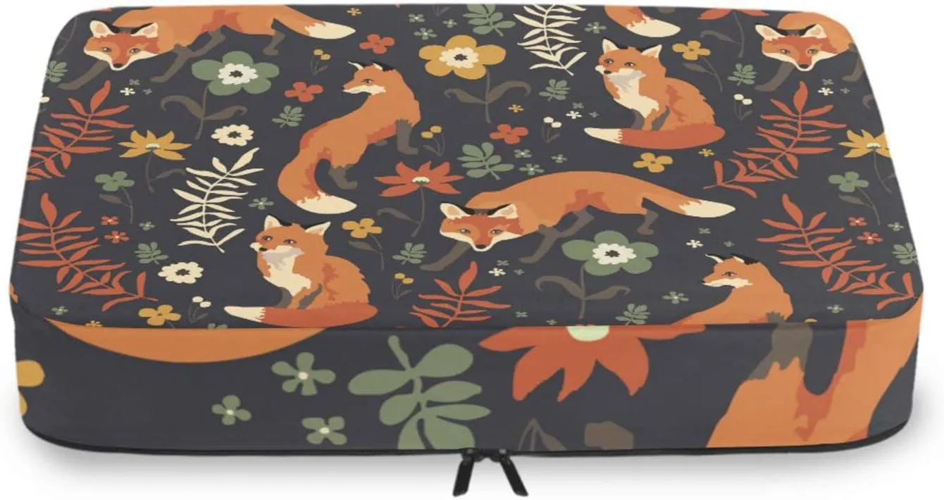 Seamless Orange Foxes Walk in Grass and Floral Flowers on Dark 4 PCs Set Packing Bags, Luggage Organizer Bag, Portable Cube Toiletry bag, Durable Travel Cosmetic Storage Bag for Men Women