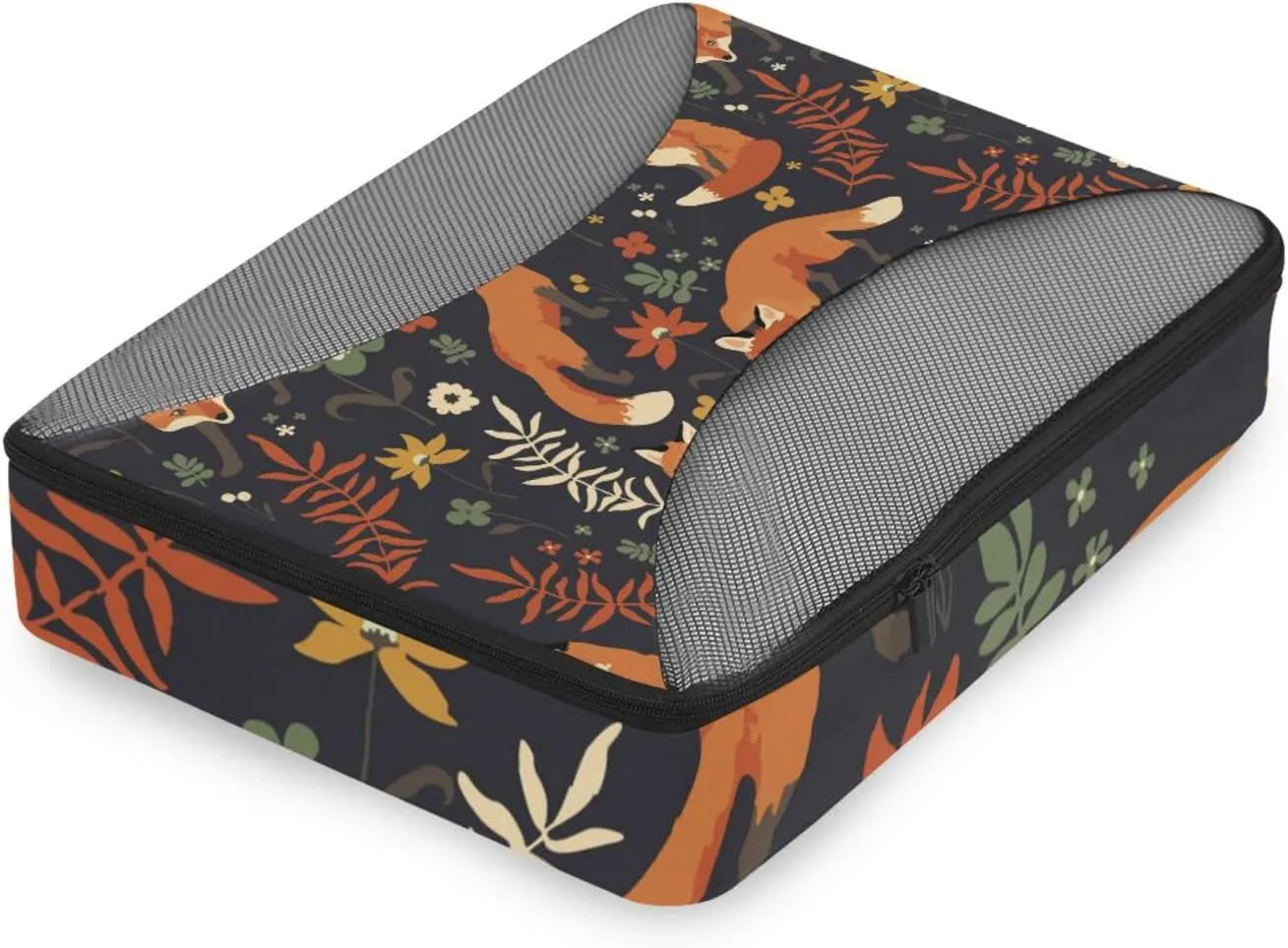 Seamless Orange Foxes Walk in Grass and Floral Flowers on Dark 4 PCs Set Packing Bags, Luggage Organizer Bag, Portable Cube Toiletry bag, Durable Travel Cosmetic Storage Bag for Men Women