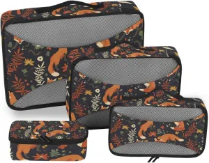 Seamless Orange Foxes Walk in Grass and Floral Flowers on Dark 4 PCs Set Packing Bags, Luggage Organizer Bag, Portable Cube Toiletry bag, Durable Travel Cosmetic Storage Bag for Men Women