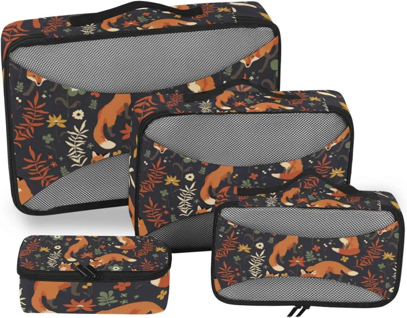 Seamless Orange Foxes Walk in Grass and Floral Flowers on Dark 4 PCs Set Packing Bags, Luggage Organizer Bag, Portable Cube Toiletry bag, Durable Travel Cosmetic Storage Bag for Men Women