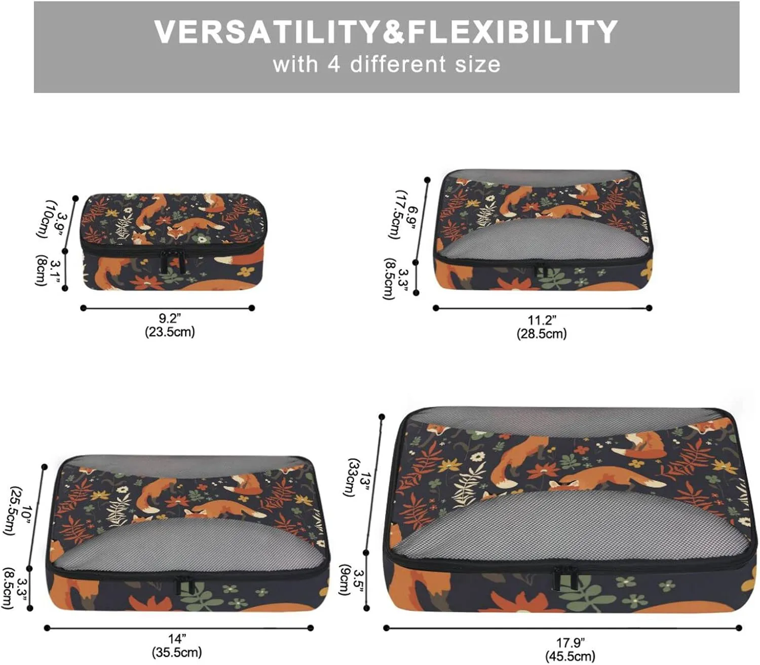 Seamless Orange Foxes Walk in Grass and Floral Flowers on Dark 4 PCs Set Packing Bags, Luggage Organizer Bag, Portable Cube Toiletry bag, Durable Travel Cosmetic Storage Bag for Men Women
