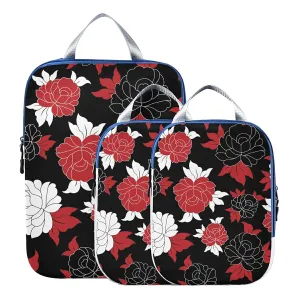 Seamless Traditional Flowers Black White Red Flower on Black 3 Set Packing Cubes, Waterproof Check Oxford cloth Organizers, Travel Packing Toiletry Storage Bag