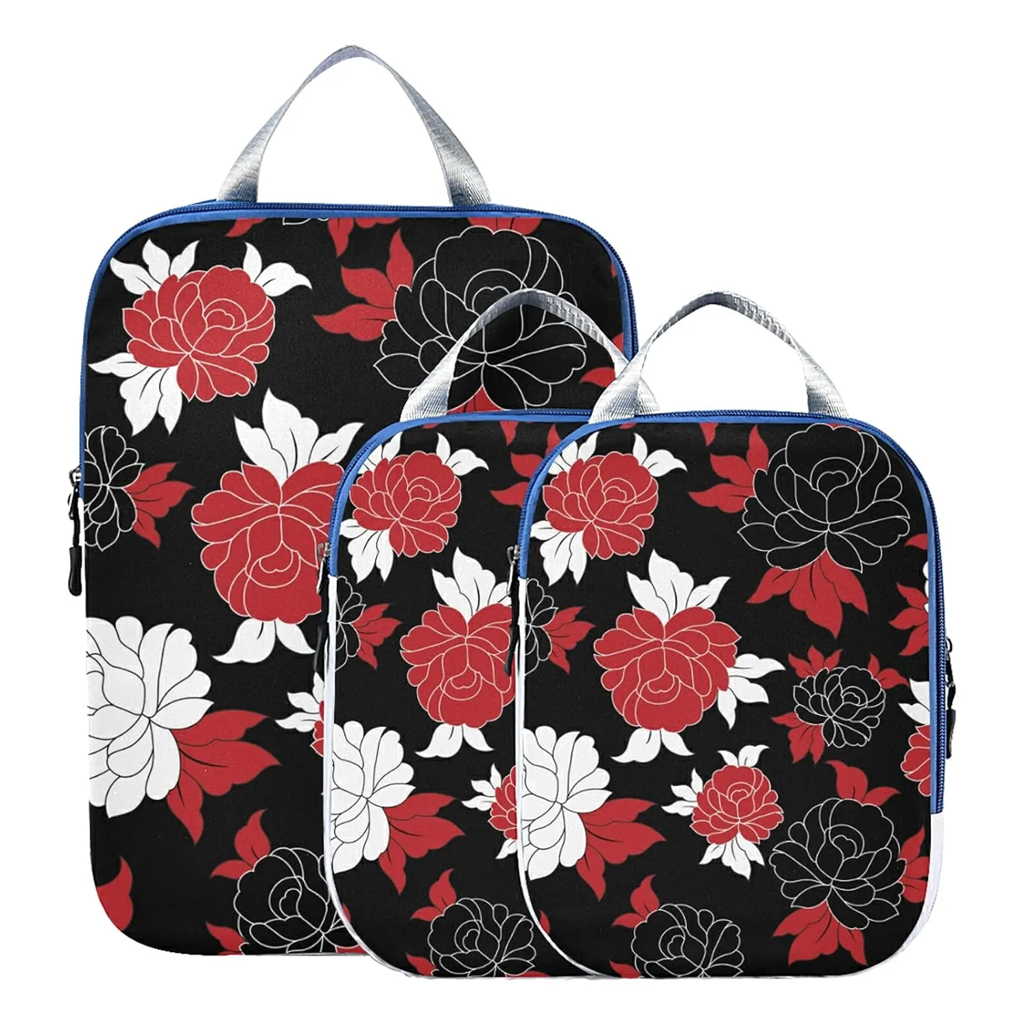 Seamless Traditional Flowers Black White Red Flower on Black 3 Set Packing Cubes, Waterproof Check Oxford cloth Organizers, Travel Packing Toiletry Storage Bag